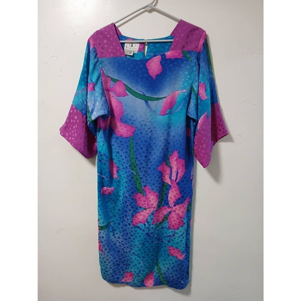 Vintage 80's womens small flora Kung 100% silk pink damask midi dress  floral